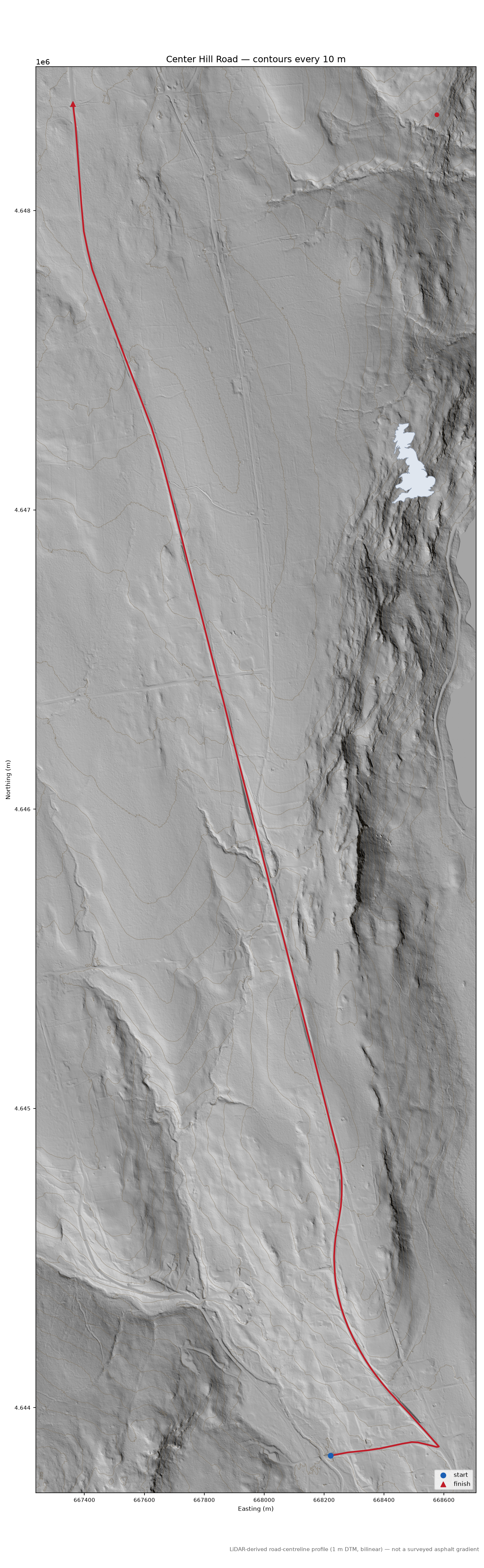 Center Hill Road LiDAR hillshade map with contours