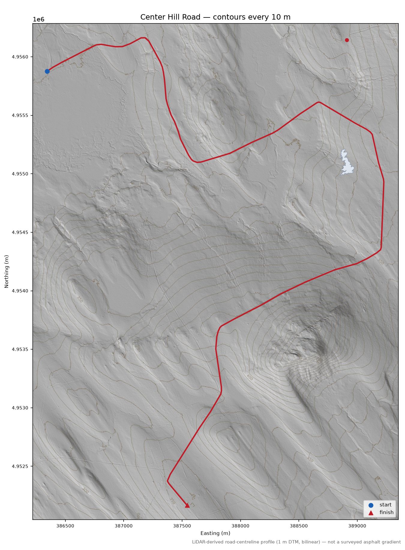 Center Hill Road LiDAR hillshade map with contours