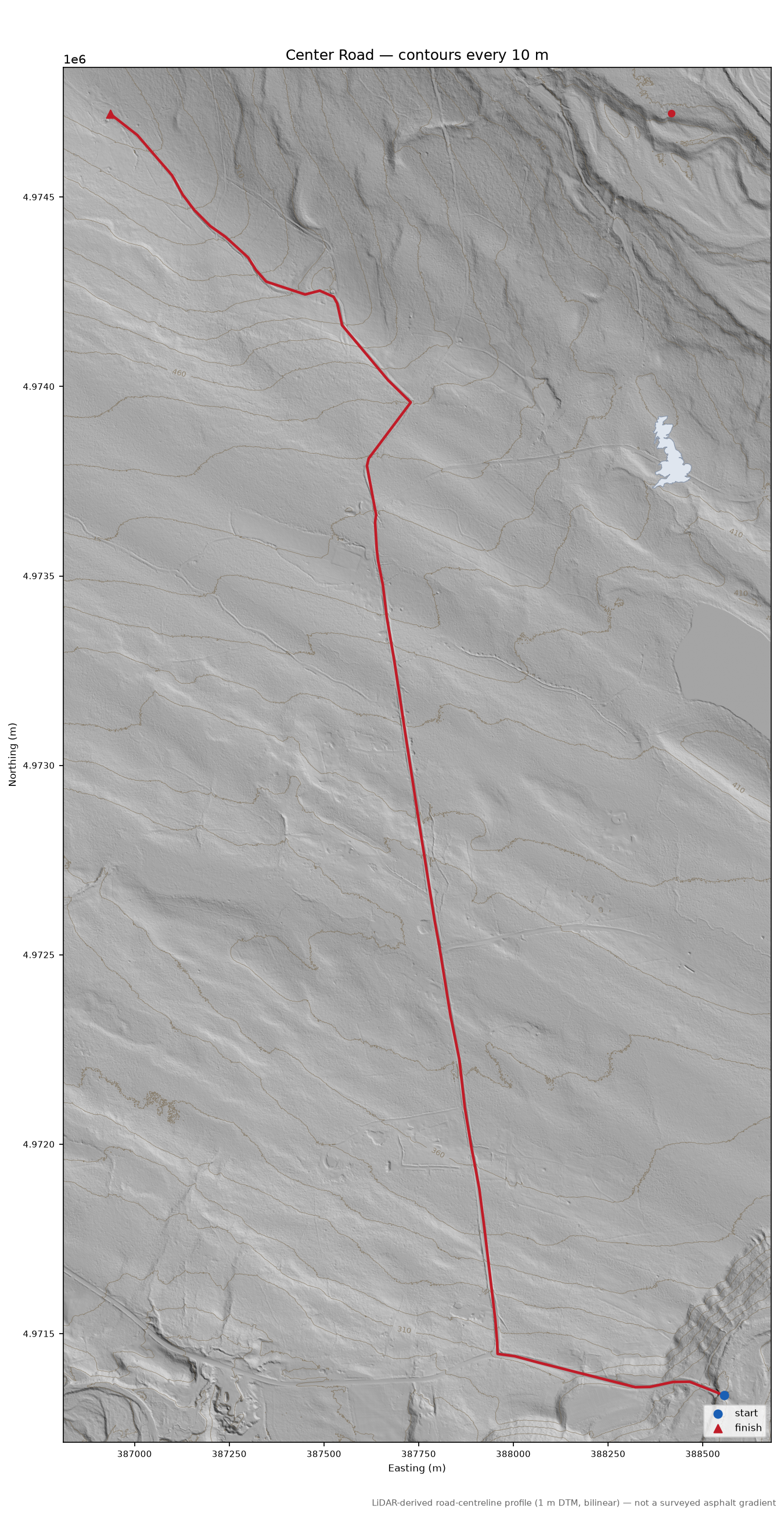 Center Road LiDAR hillshade map with contours