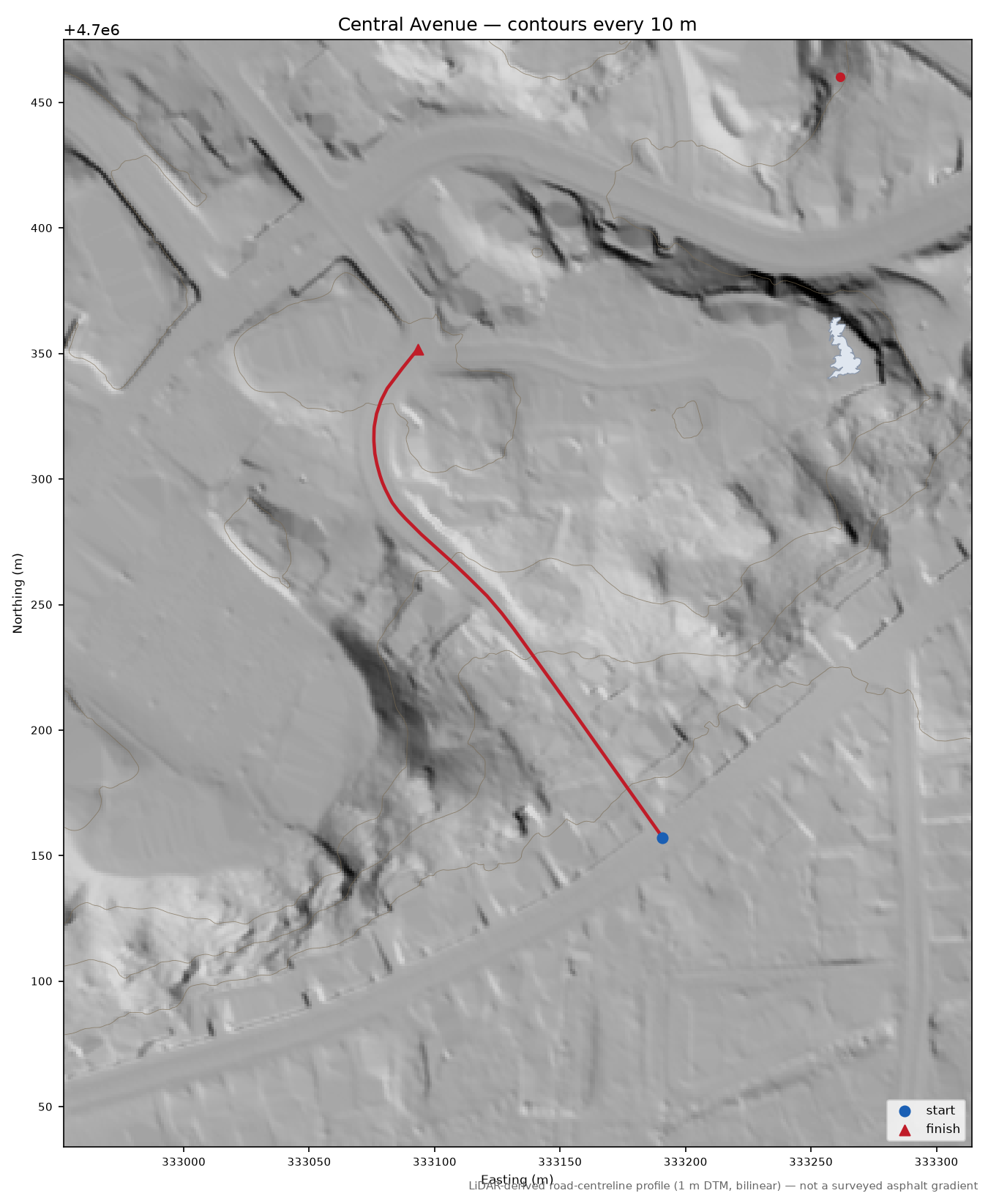 Central Avenue LiDAR hillshade map with contours