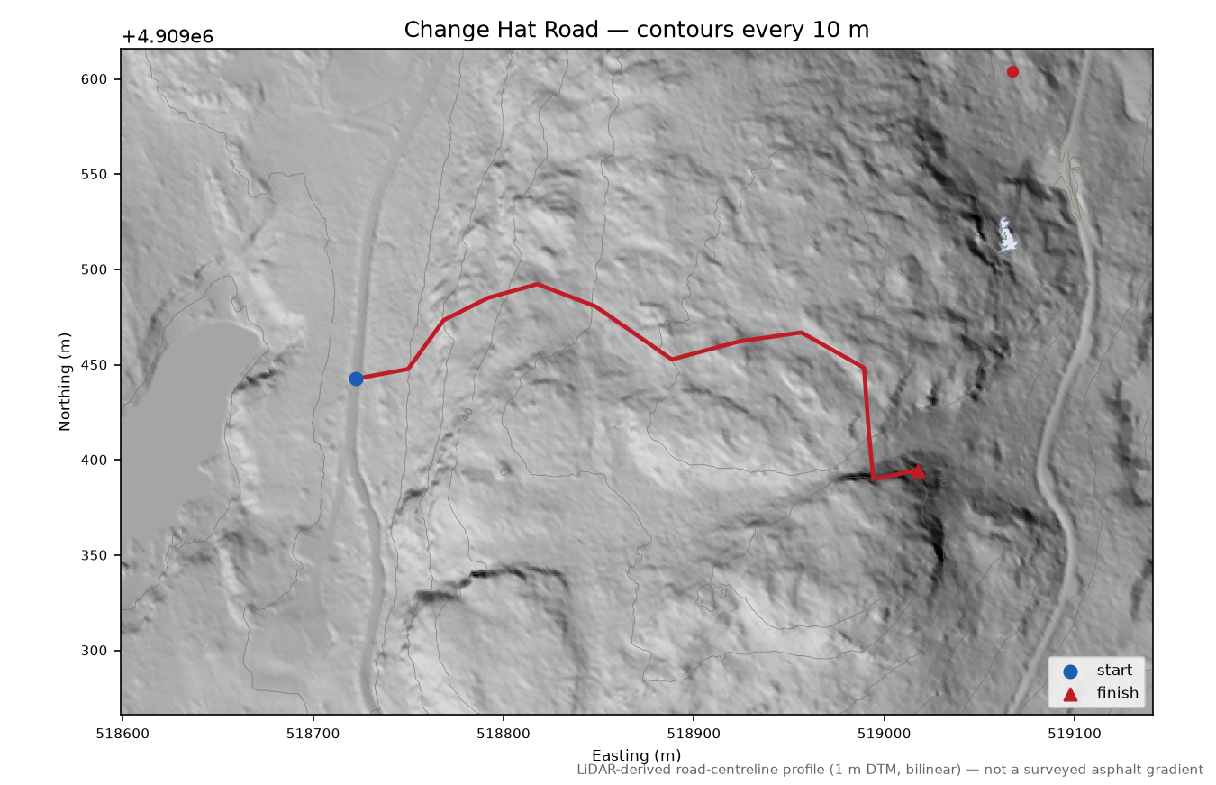 Change Hat Road LiDAR hillshade map with contours