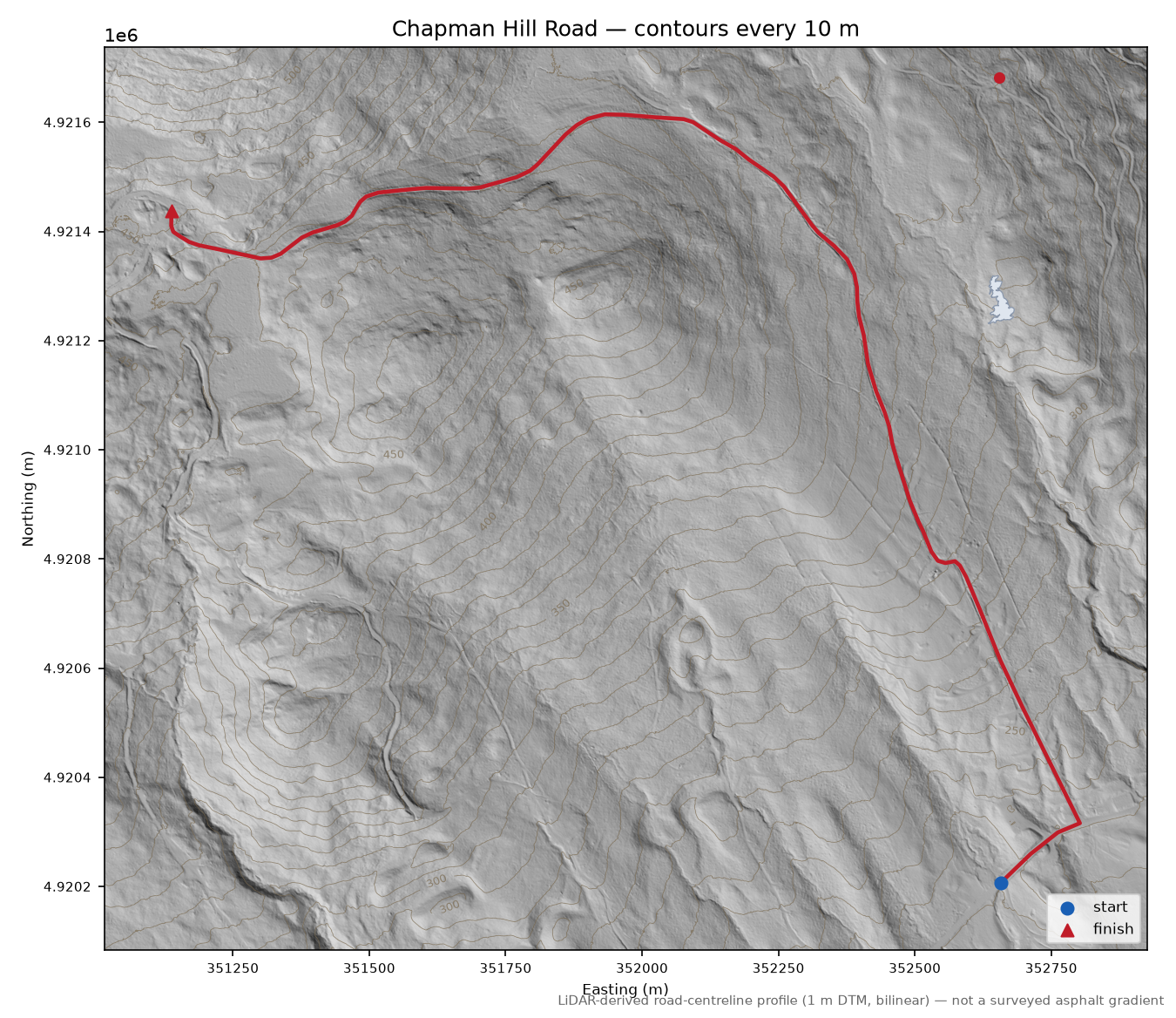 Chapman Hill Road LiDAR hillshade map with contours
