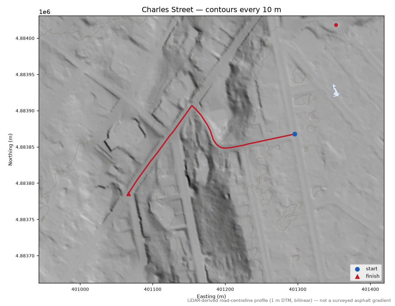 Charles Street LiDAR hillshade map with contours