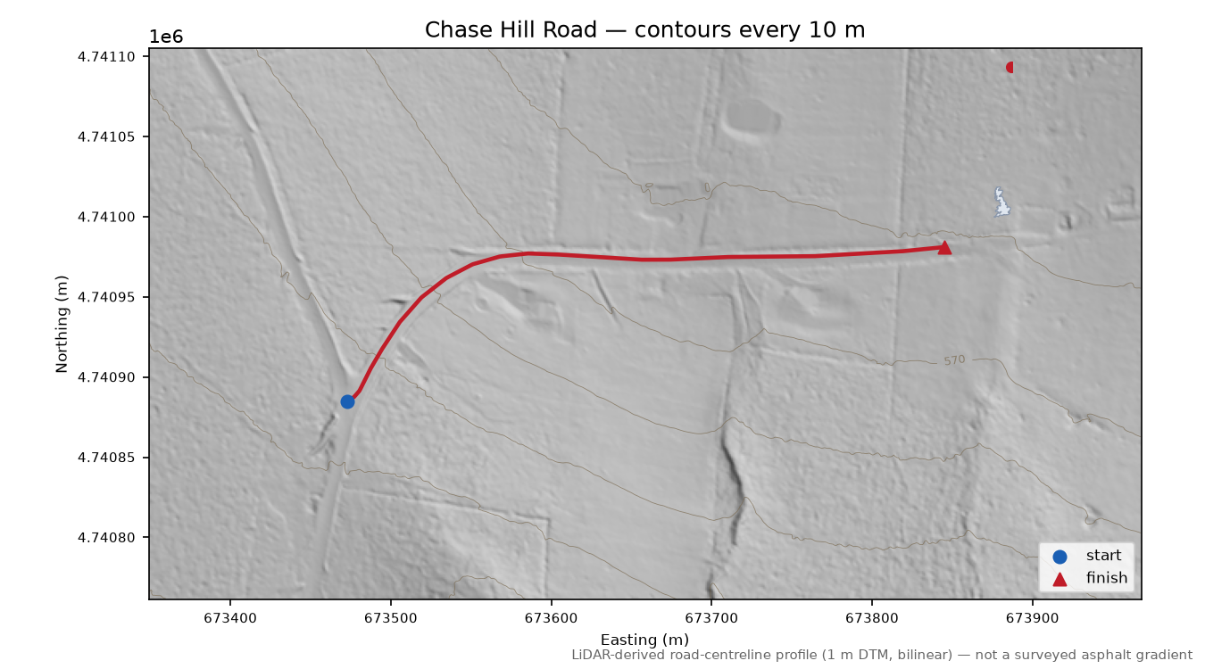 Chase Hill Road LiDAR hillshade map with contours