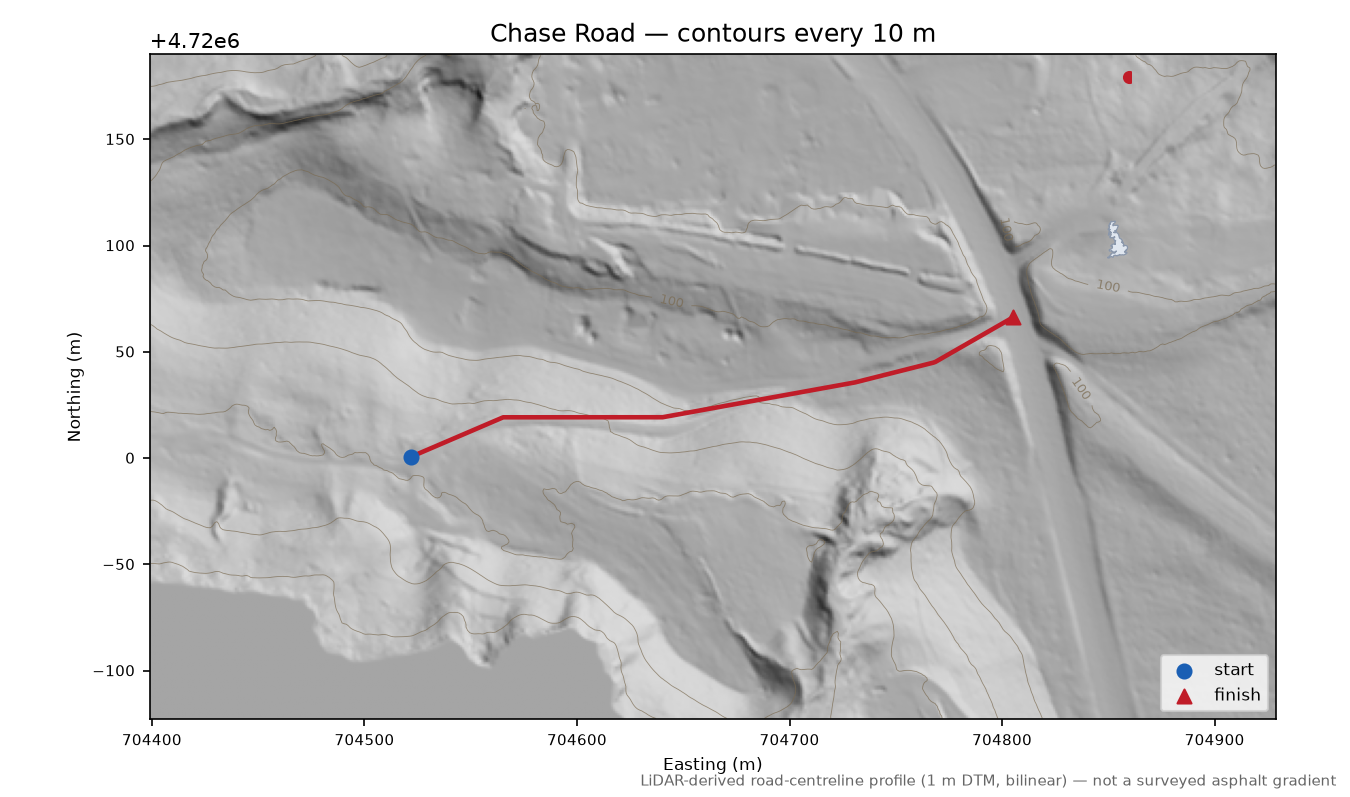 Chase Road LiDAR hillshade map with contours