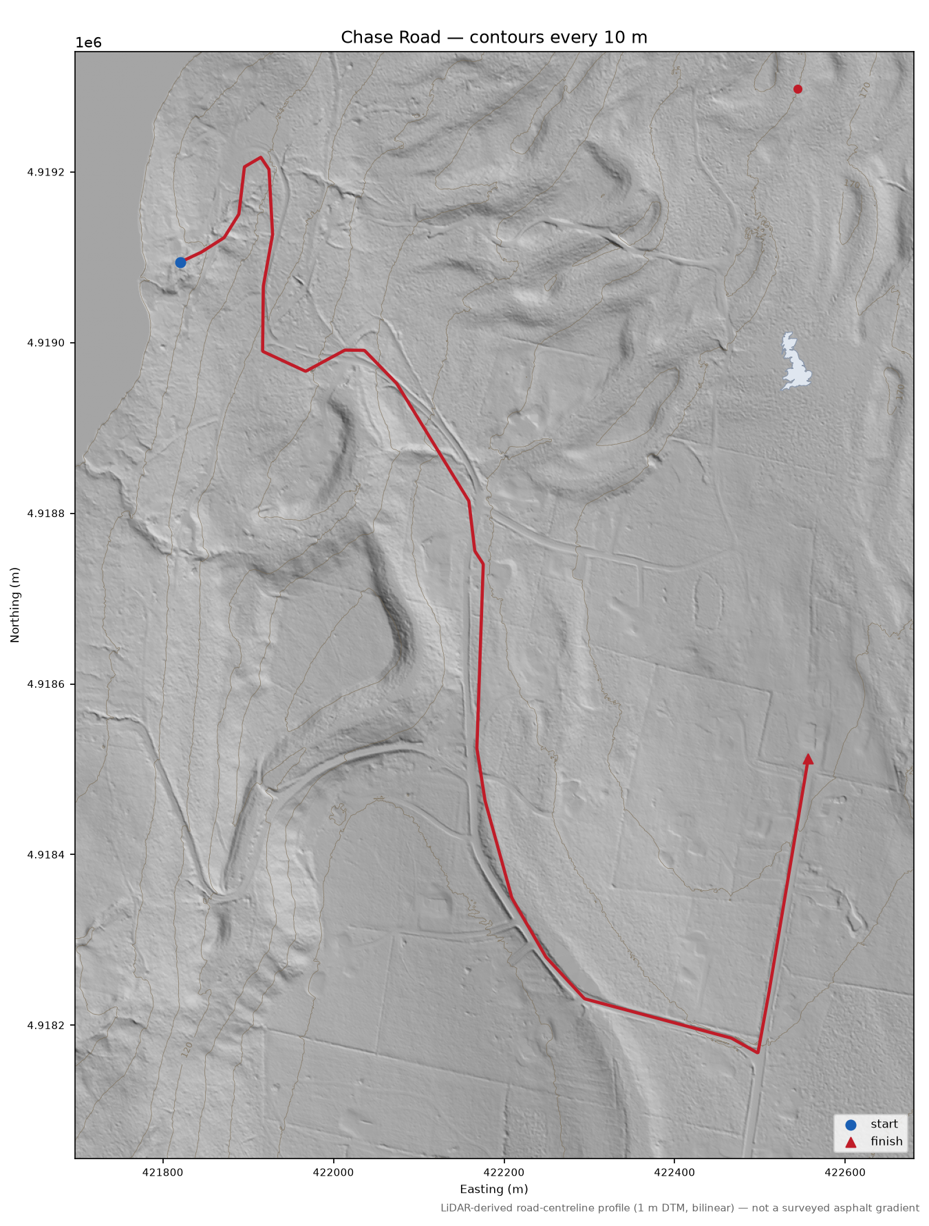 Chase Road LiDAR hillshade map with contours
