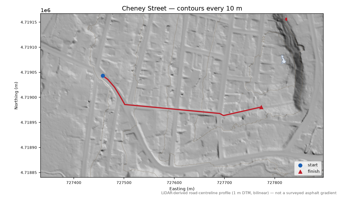 Cheney Street LiDAR hillshade map with contours