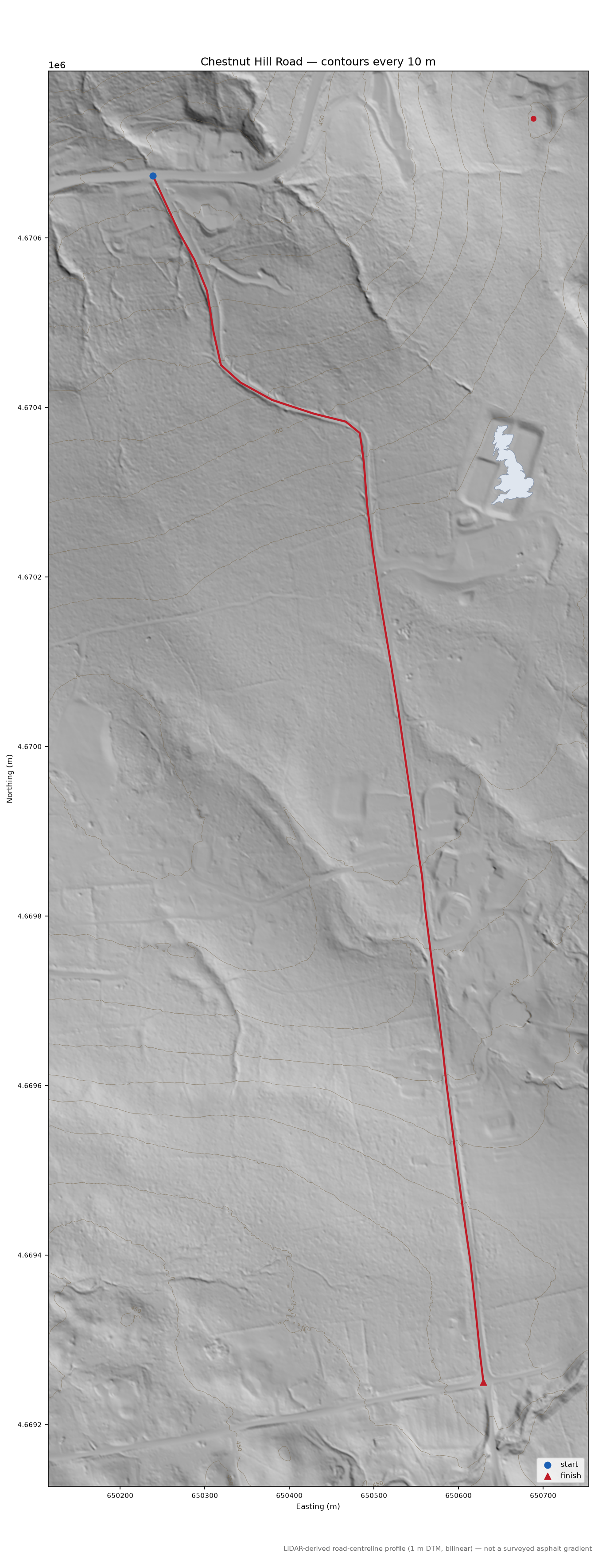 Chestnut Hill Road LiDAR hillshade map with contours