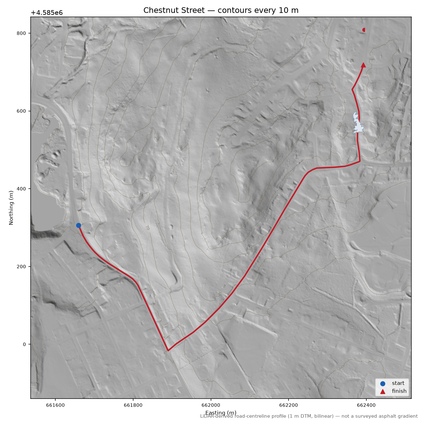 Chestnut Street LiDAR hillshade map with contours