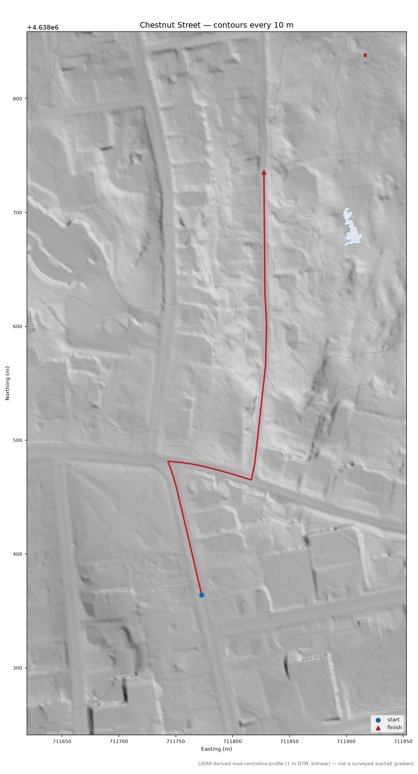 Chestnut Street LiDAR hillshade map with contours
