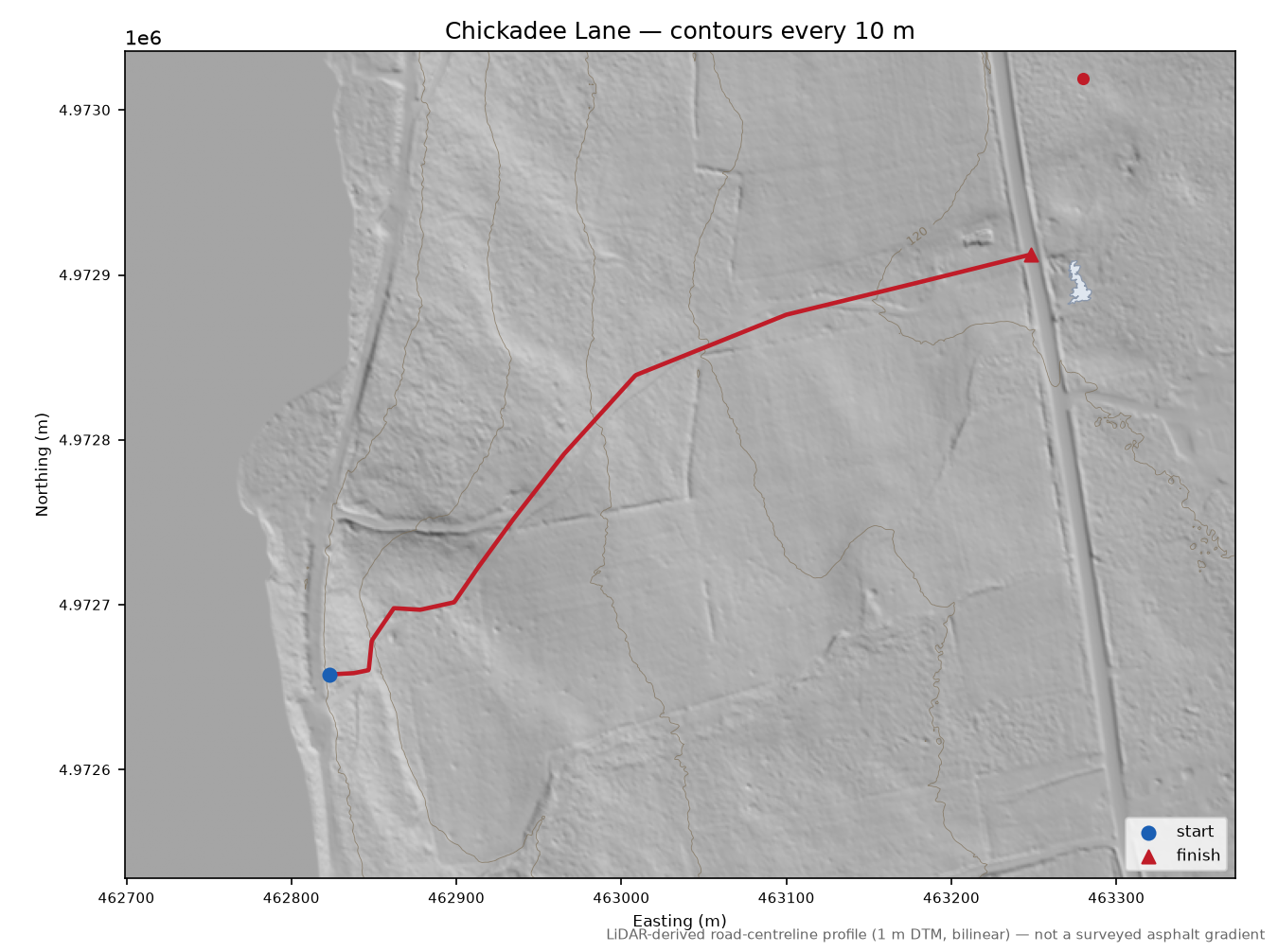Chickadee Lane LiDAR hillshade map with contours