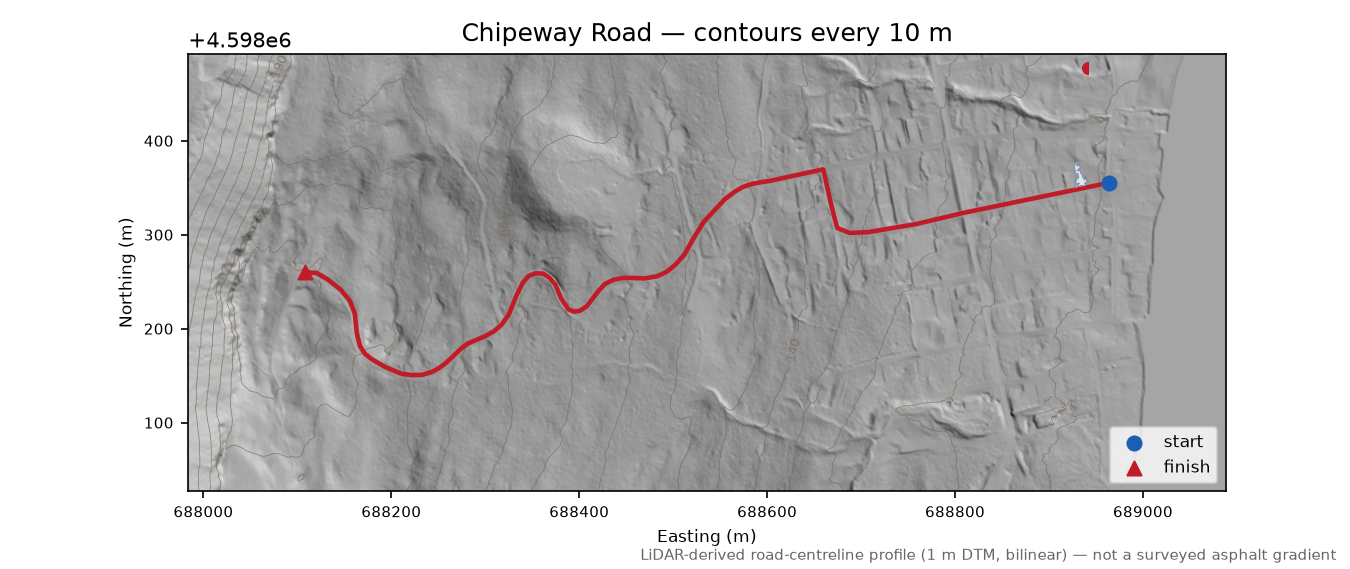 Chipeway Road LiDAR hillshade map with contours