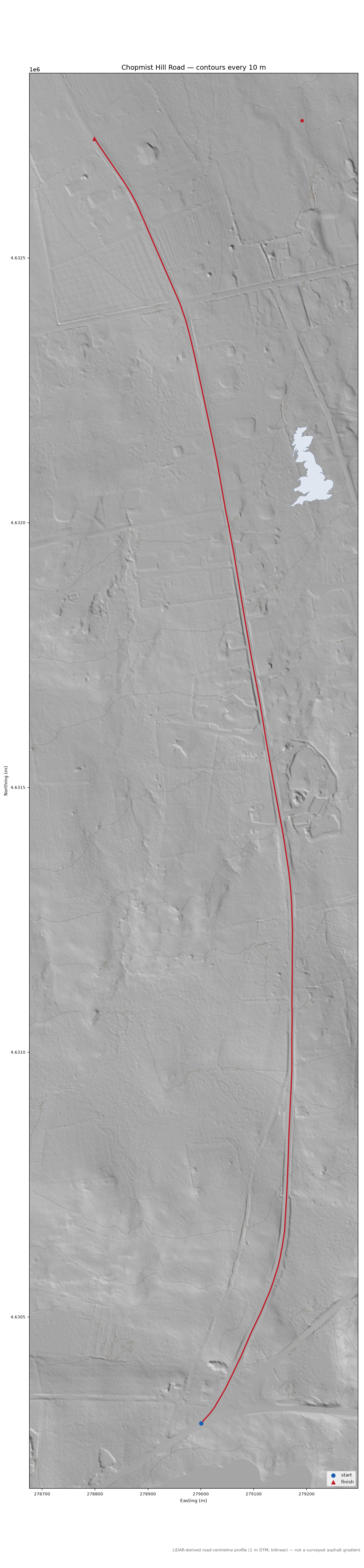 Chopmist Hill Road LiDAR hillshade map with contours