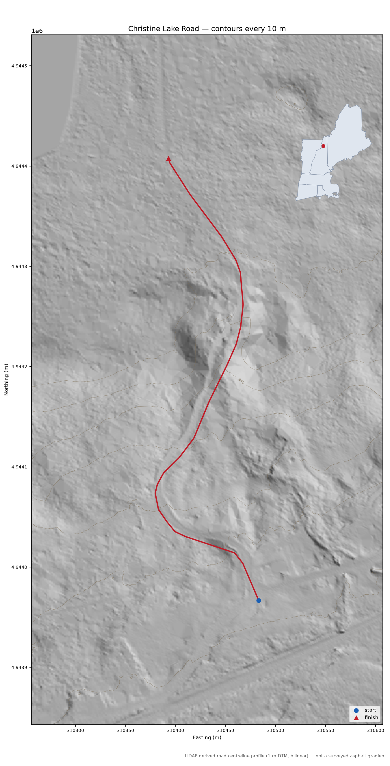 Christine Lake Road LiDAR hillshade map with contours