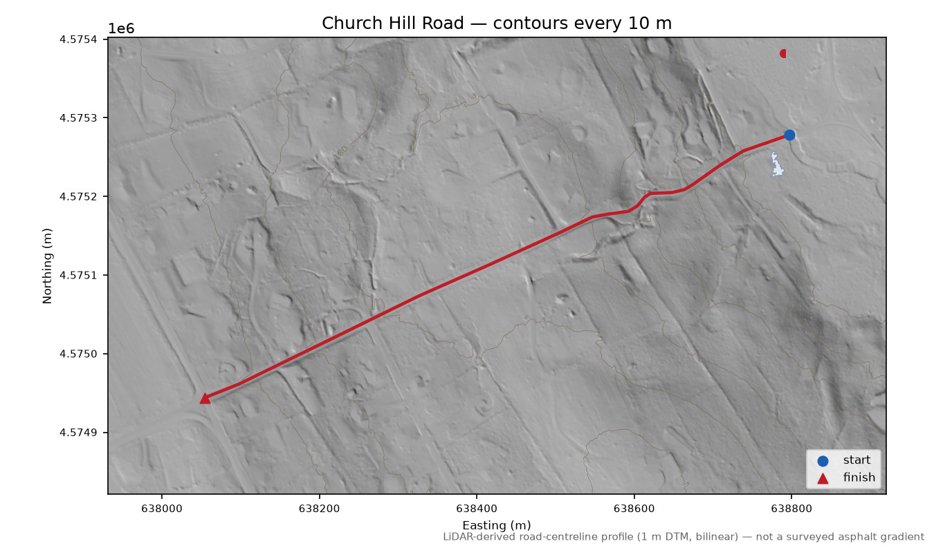 Church Hill Road LiDAR hillshade map with contours