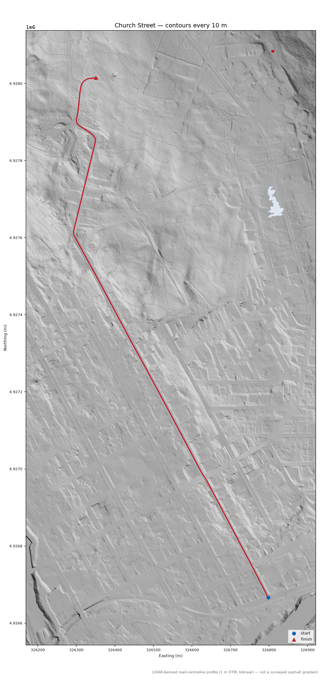 Church Street LiDAR hillshade map with contours