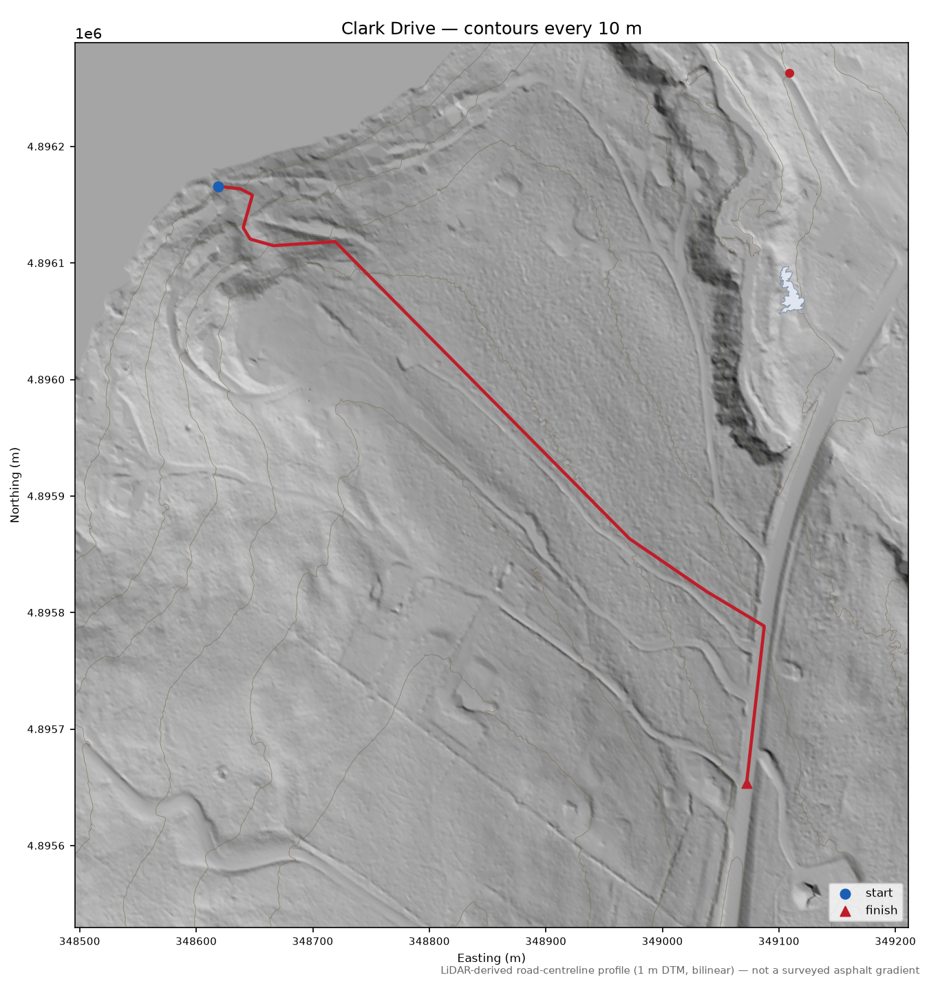 Clark Drive LiDAR hillshade map with contours