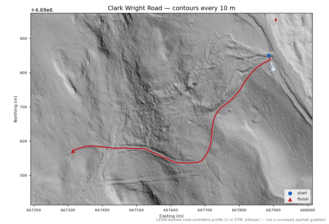 Clark Wright Road LiDAR hillshade map with contours