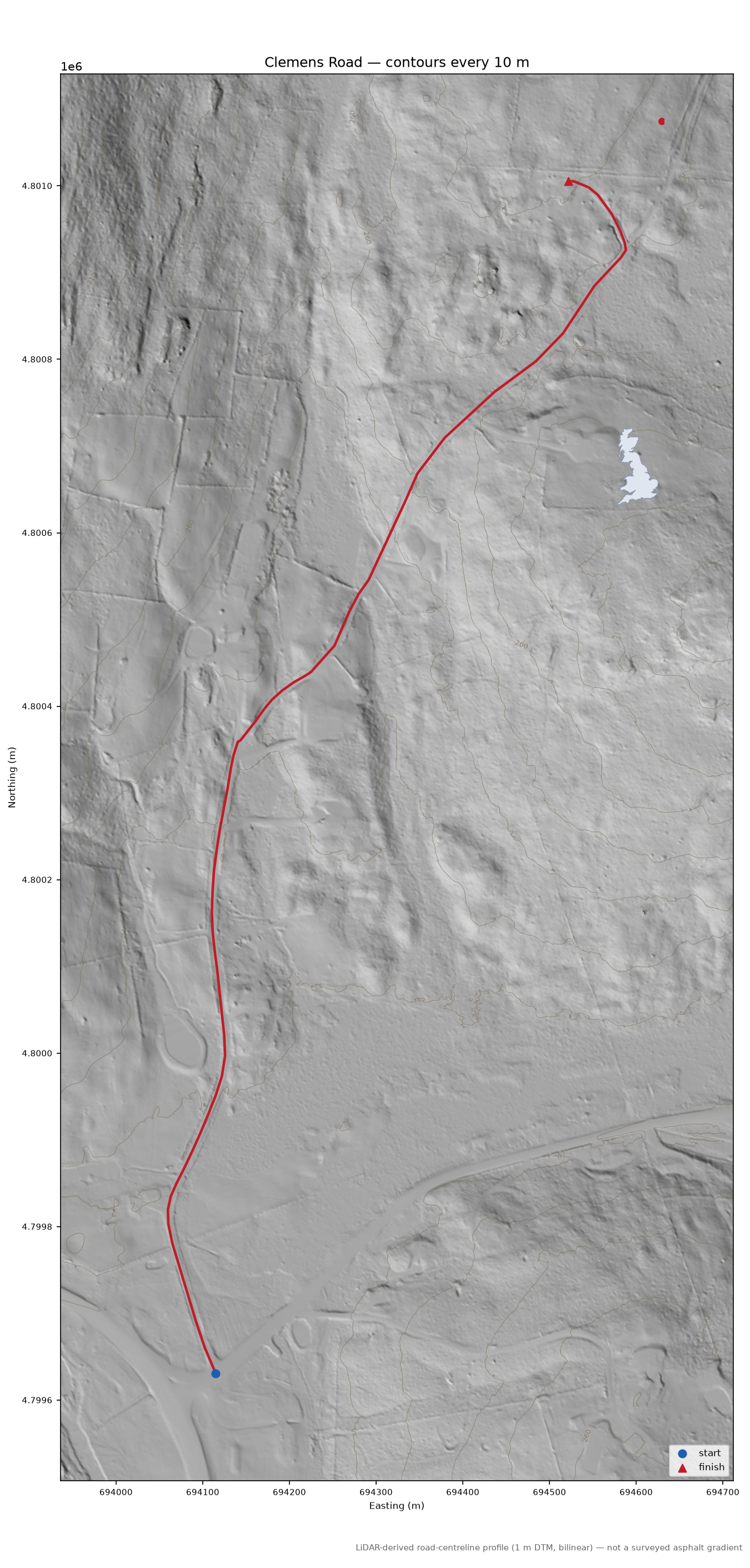 Clemens Road LiDAR hillshade map with contours