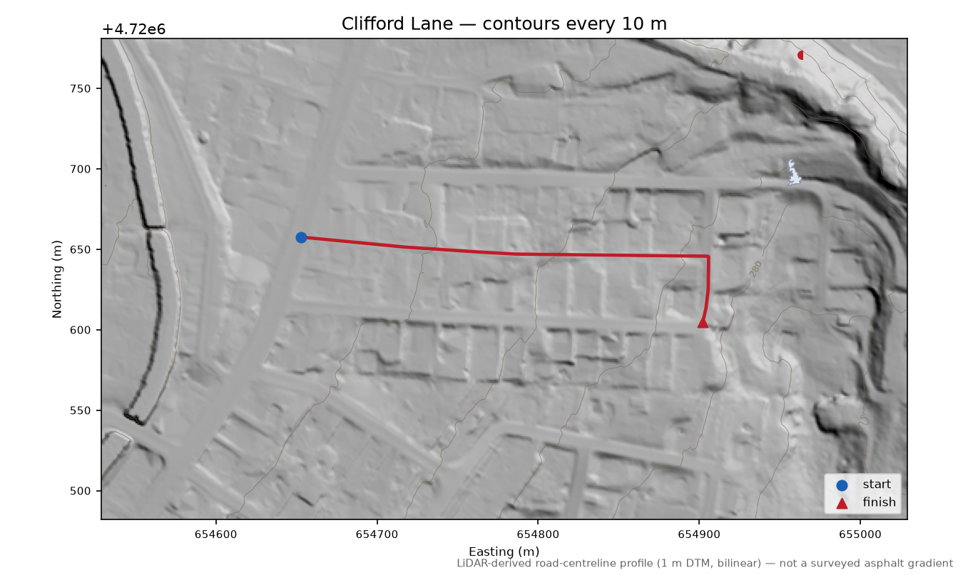 Clifford Lane LiDAR hillshade map with contours