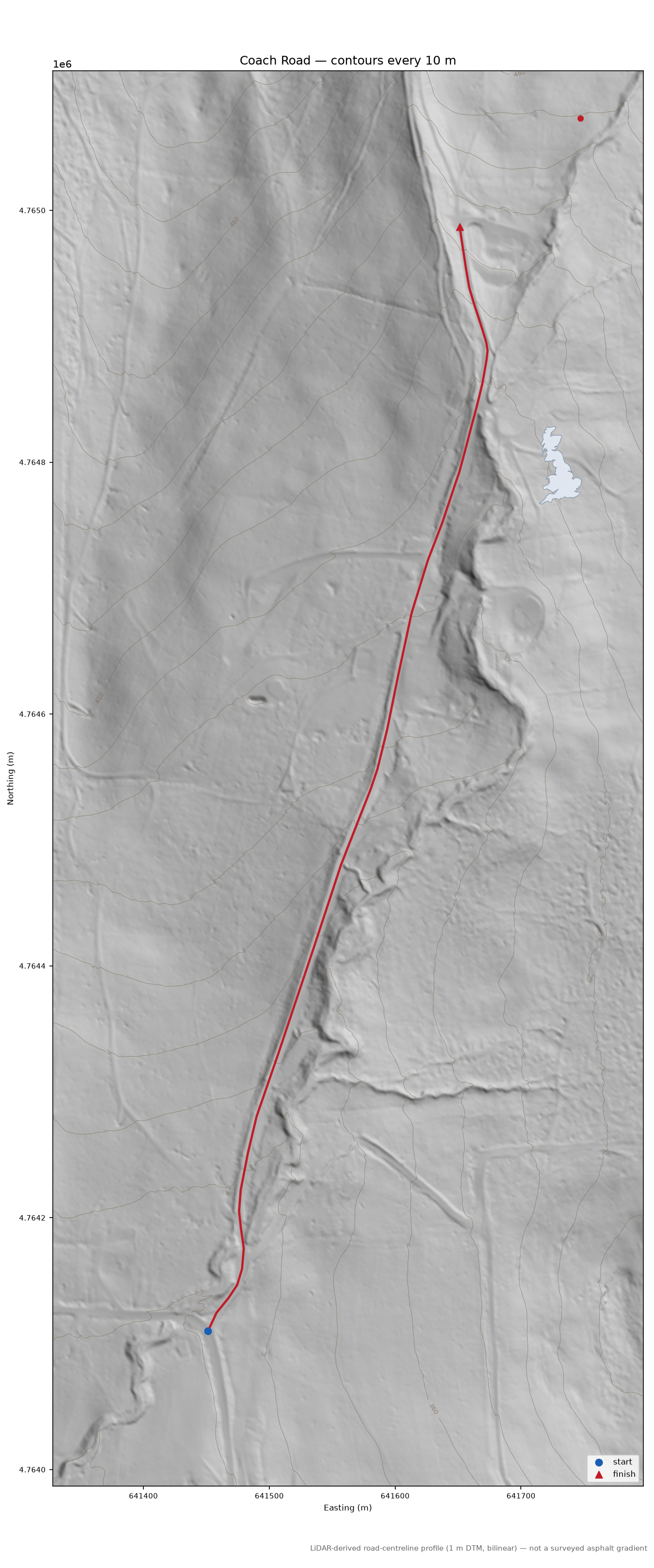 Coach Road LiDAR hillshade map with contours