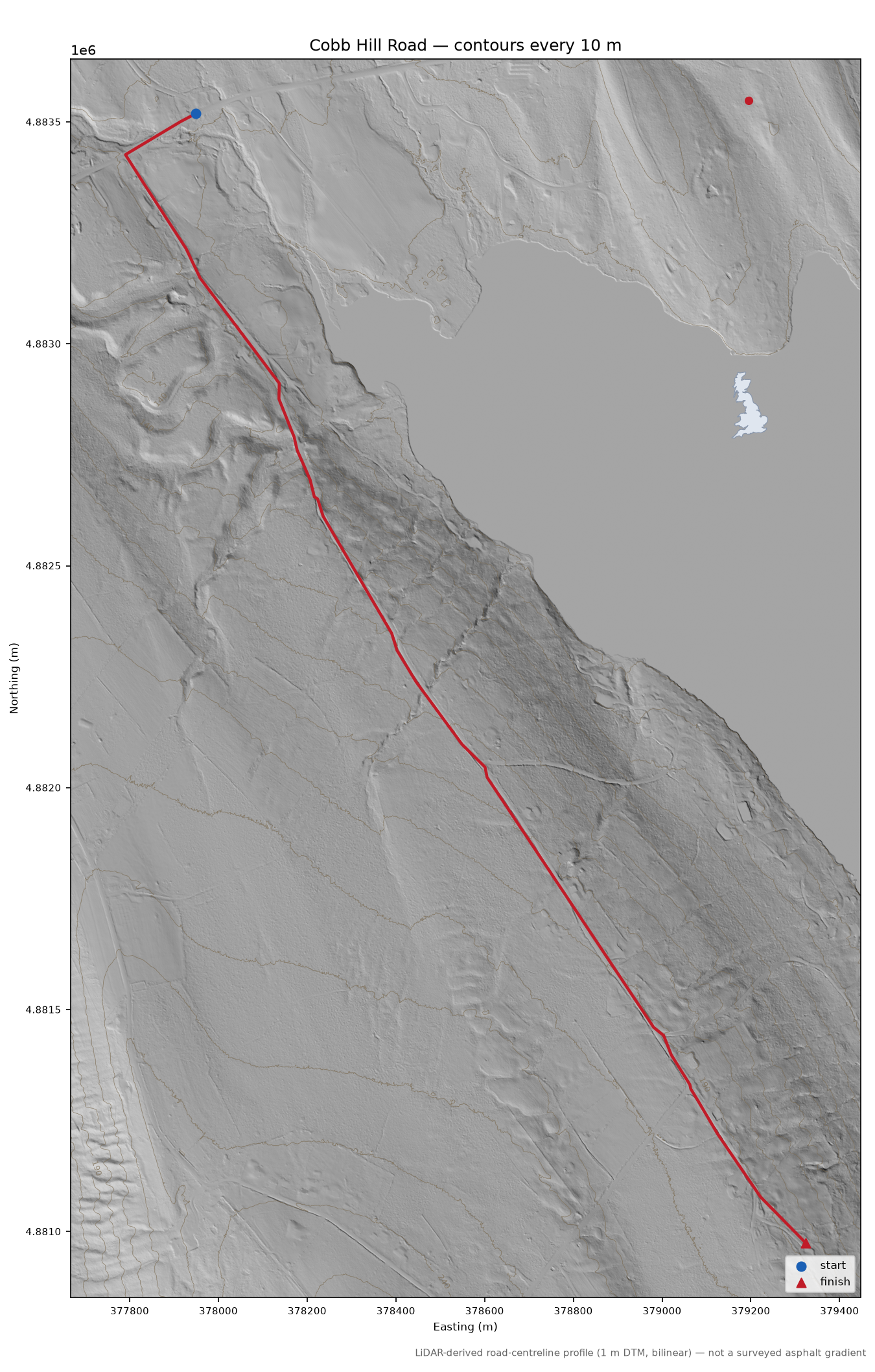 Cobb Hill Road LiDAR hillshade map with contours