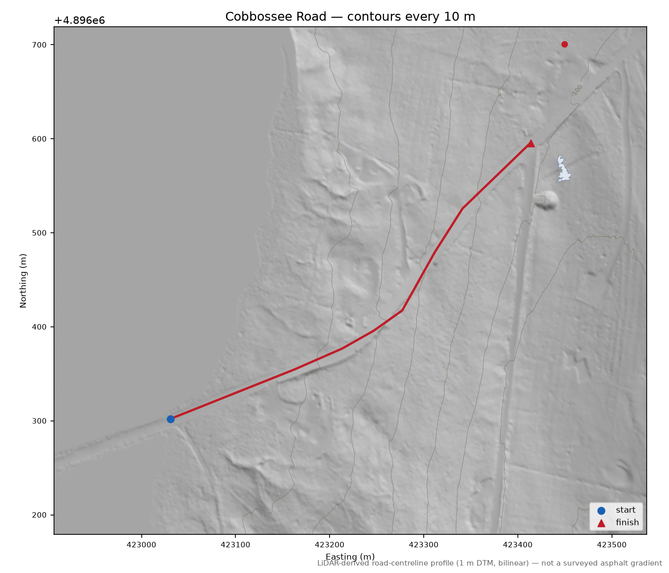 Cobbossee Road LiDAR hillshade map with contours