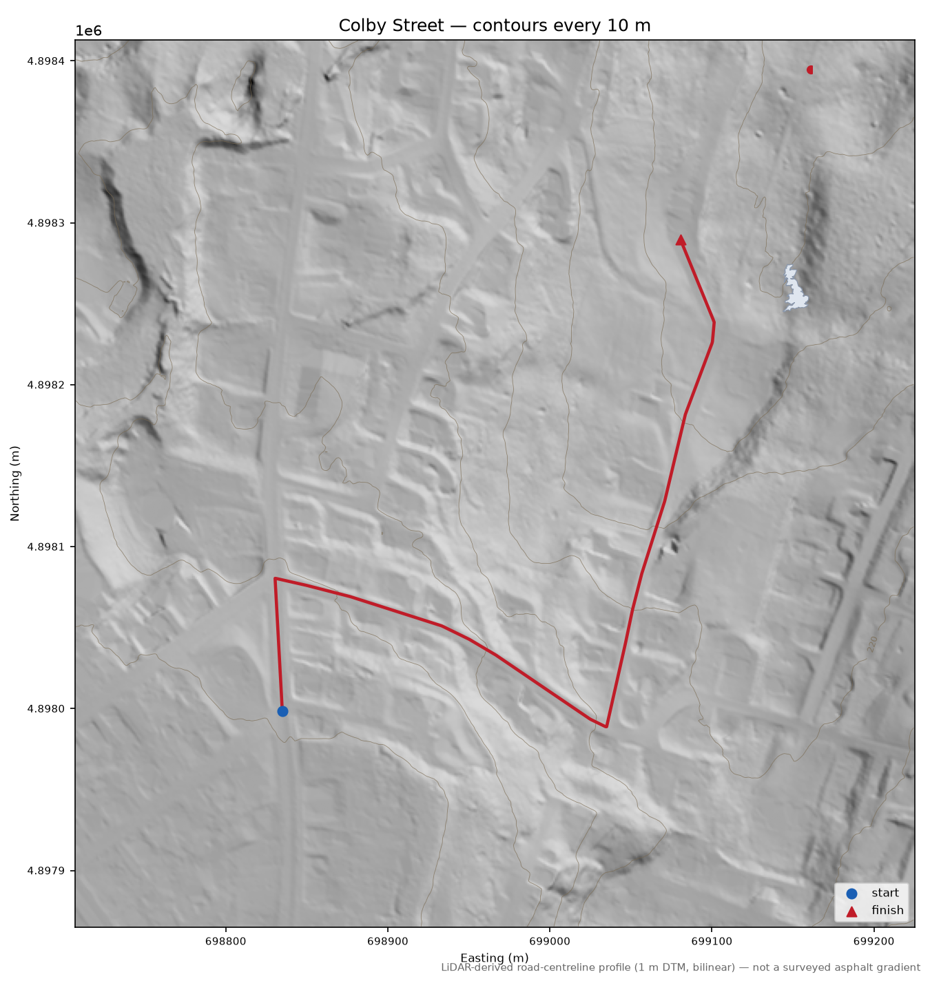 Colby Street LiDAR hillshade map with contours