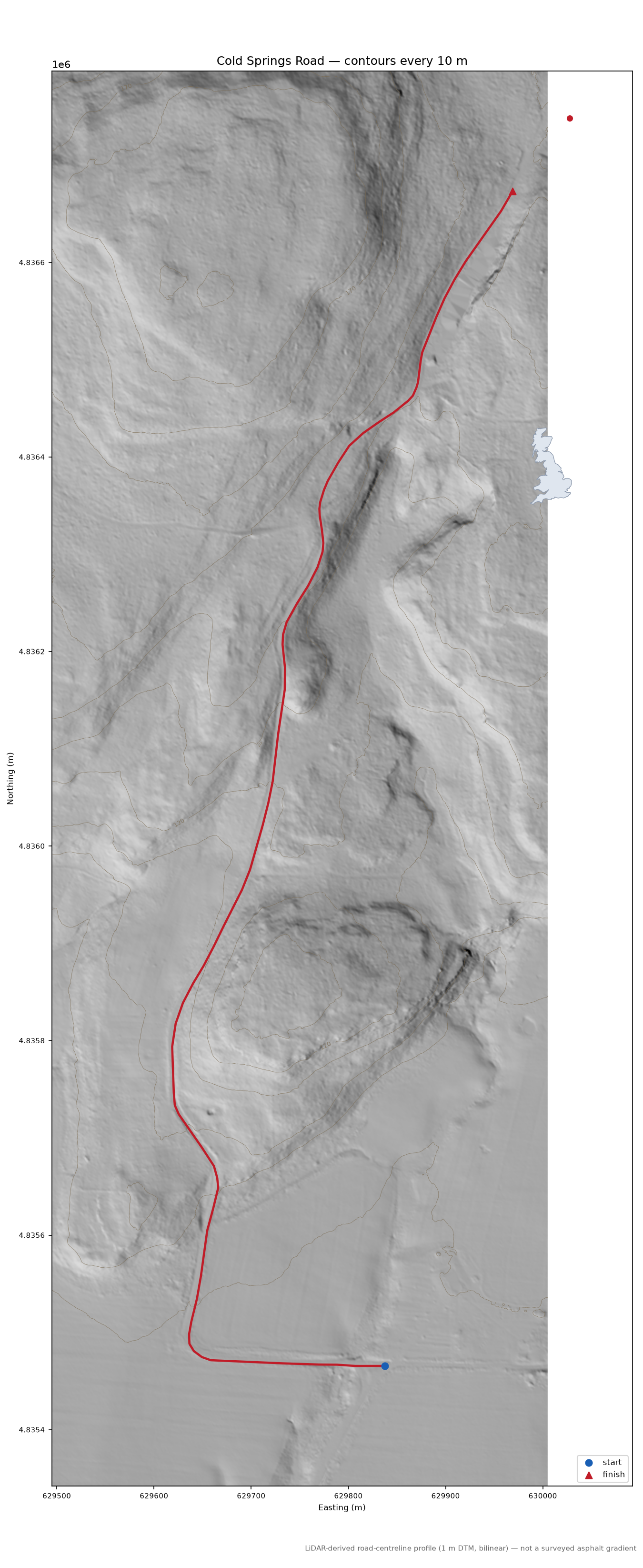 Cold Springs Road LiDAR hillshade map with contours
