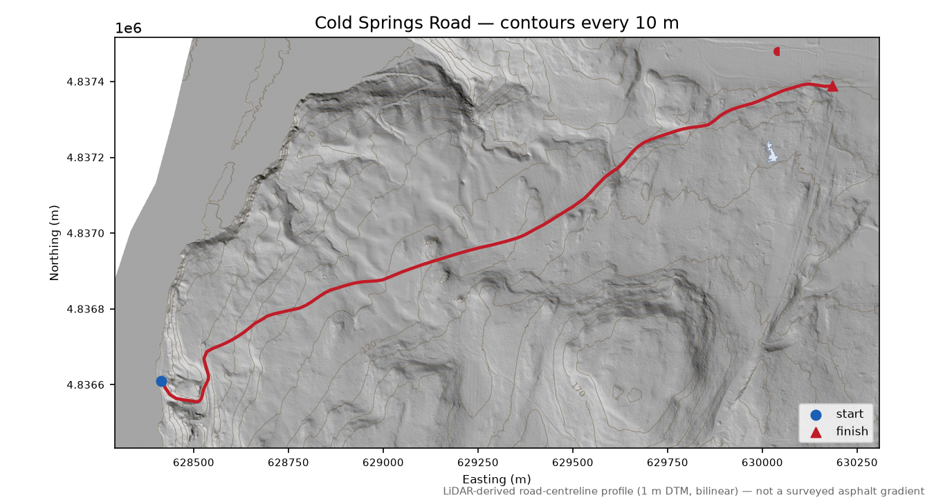 Cold Springs Road LiDAR hillshade map with contours