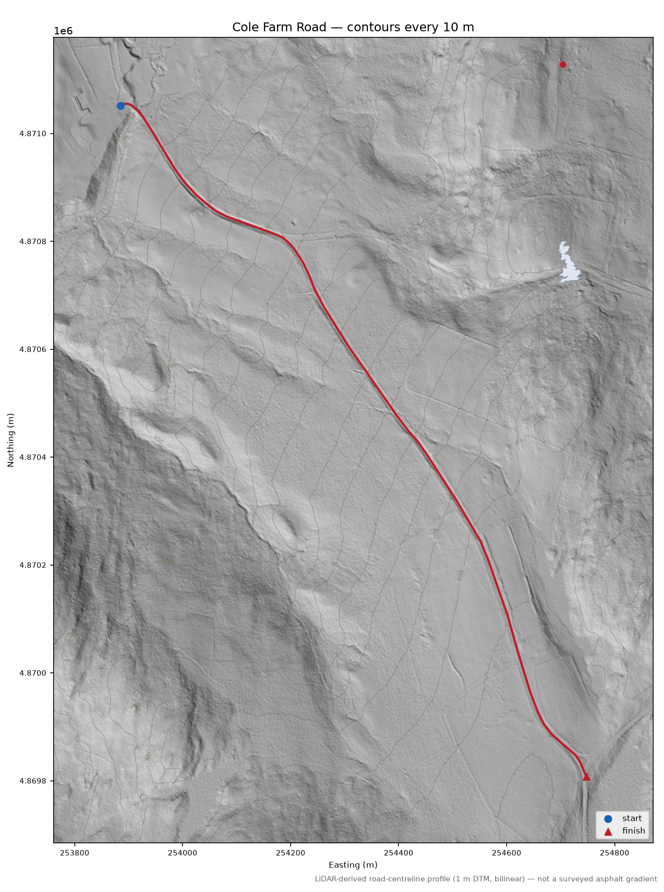 Cole Farm Road LiDAR hillshade map with contours