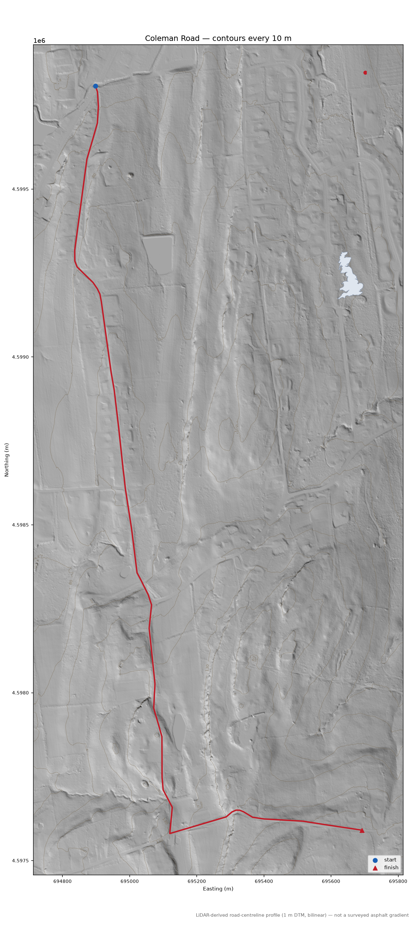 Coleman Road LiDAR hillshade map with contours