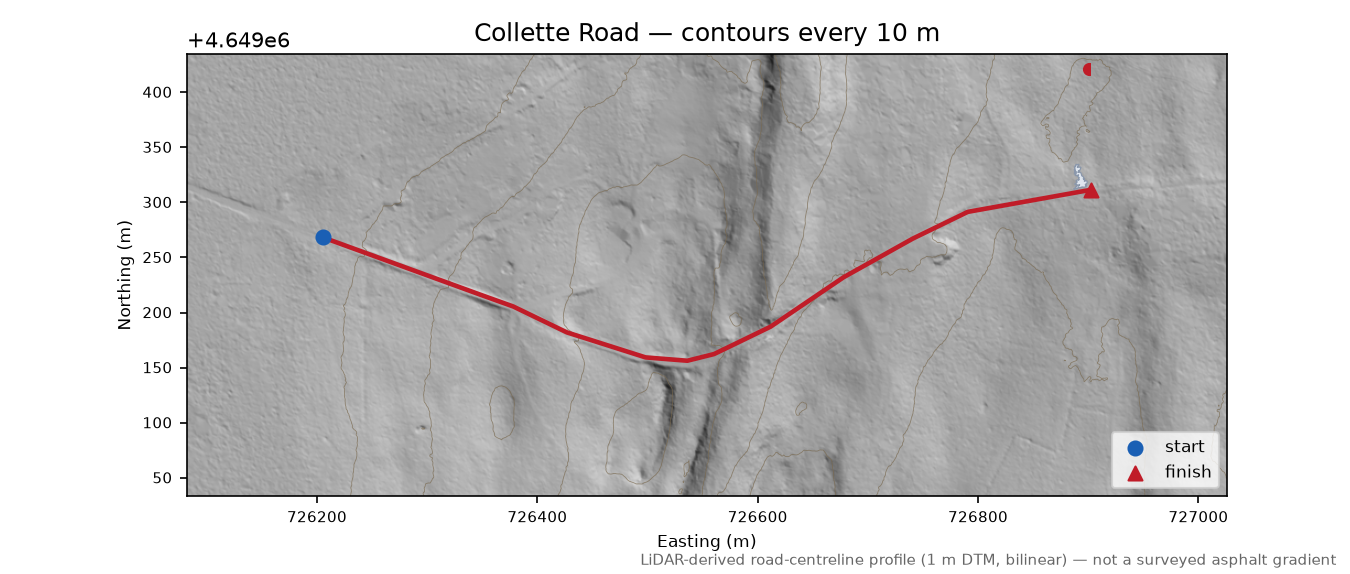 Collette Road LiDAR hillshade map with contours