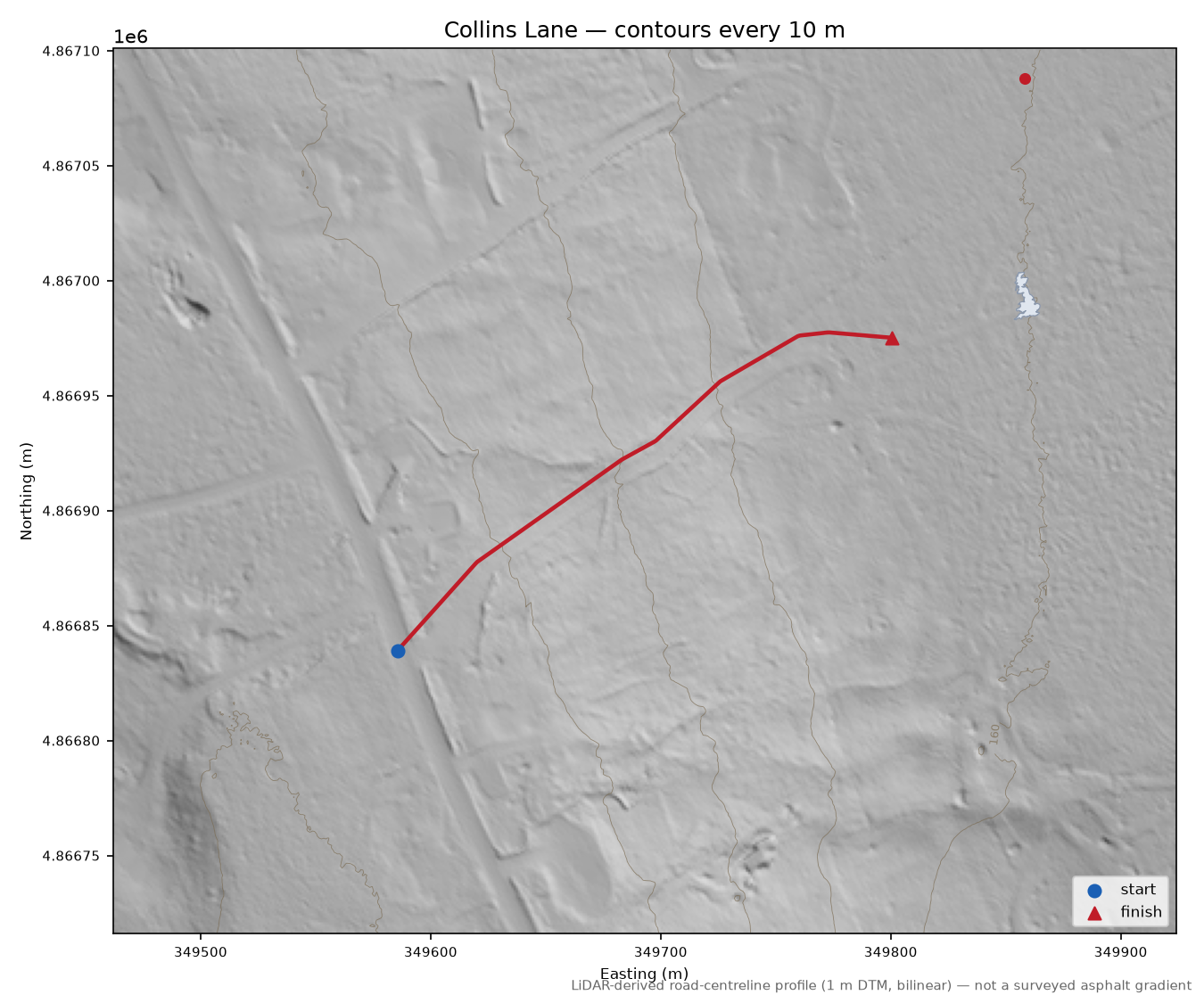 Collins Lane LiDAR hillshade map with contours