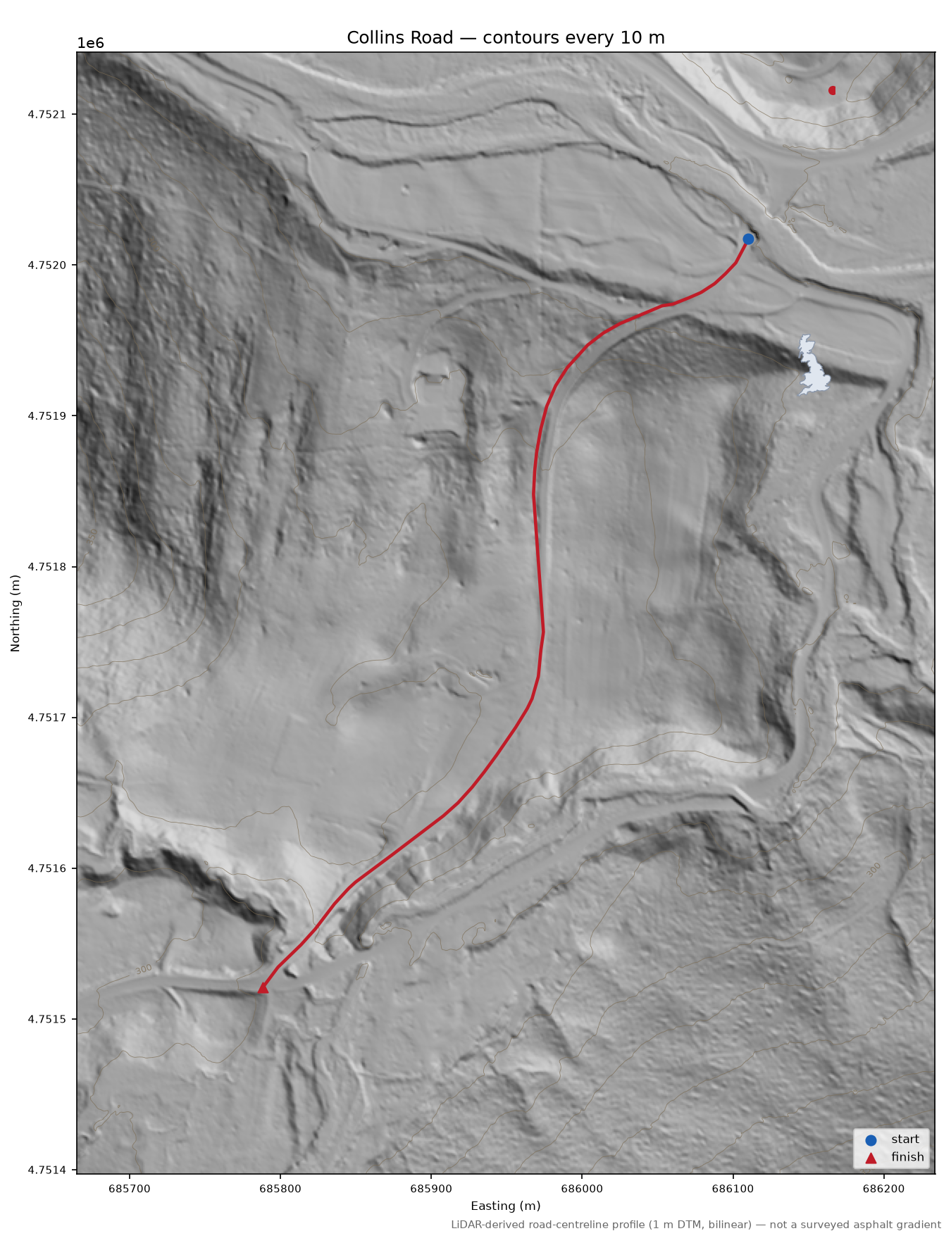 Collins Road LiDAR hillshade map with contours