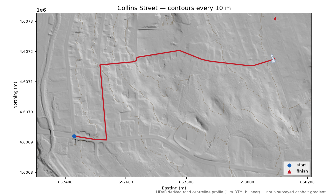 Collins Street LiDAR hillshade map with contours