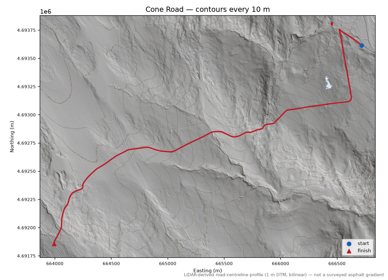 Cone Road LiDAR hillshade map with contours