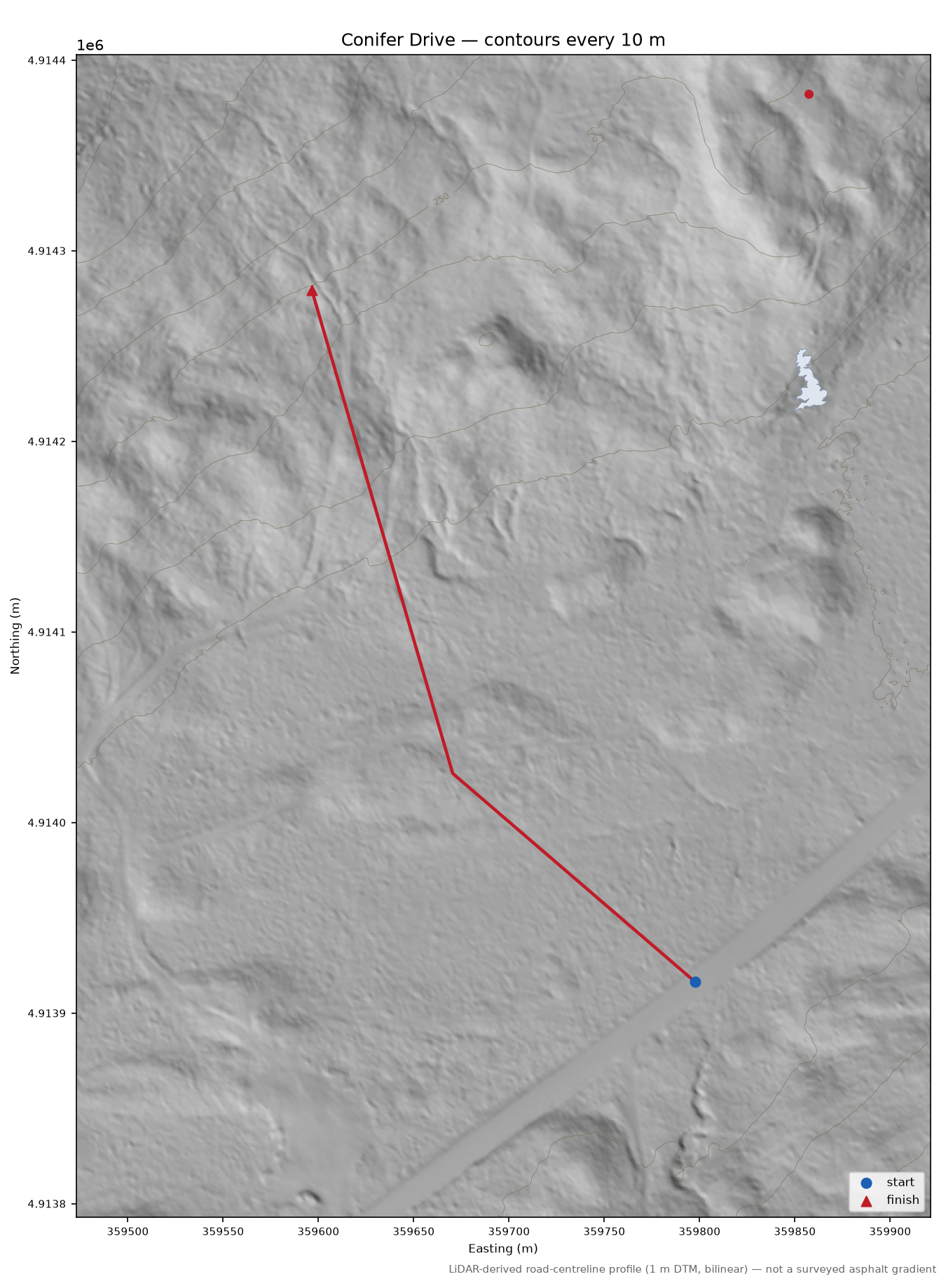 Conifer Drive LiDAR hillshade map with contours