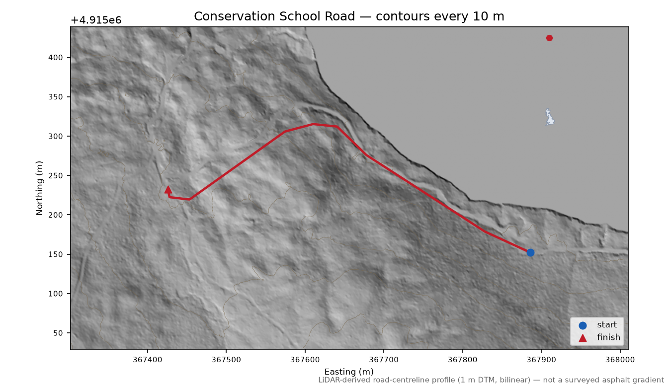 Conservation School Road LiDAR hillshade map with contours