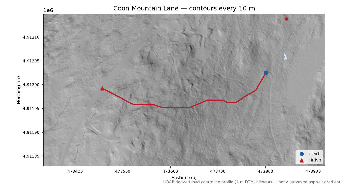 Coon Mountain Lane LiDAR hillshade map with contours