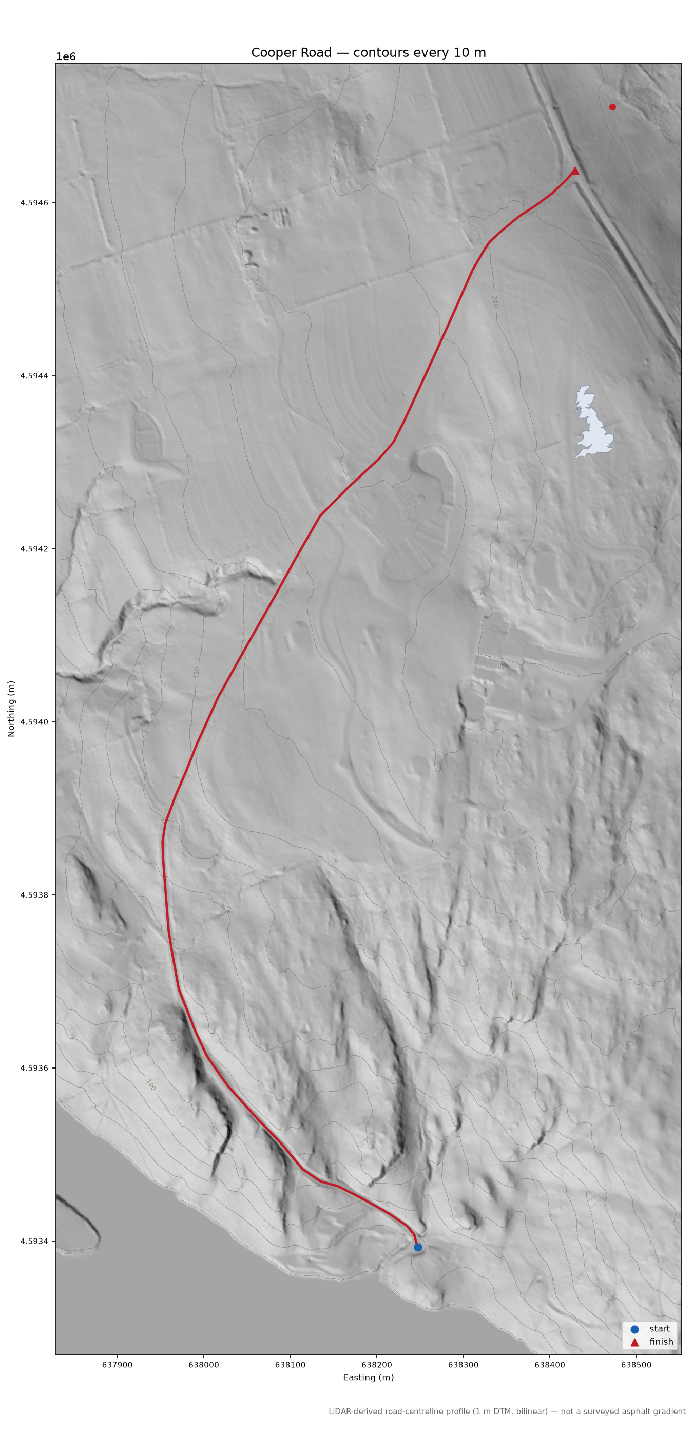 Cooper Road LiDAR hillshade map with contours