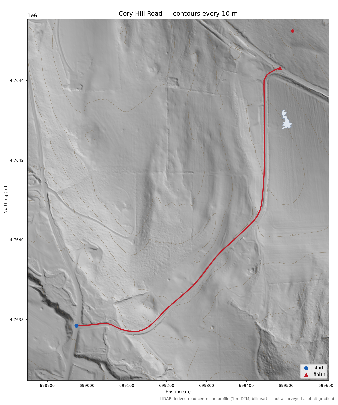 Cory Hill Road LiDAR hillshade map with contours
