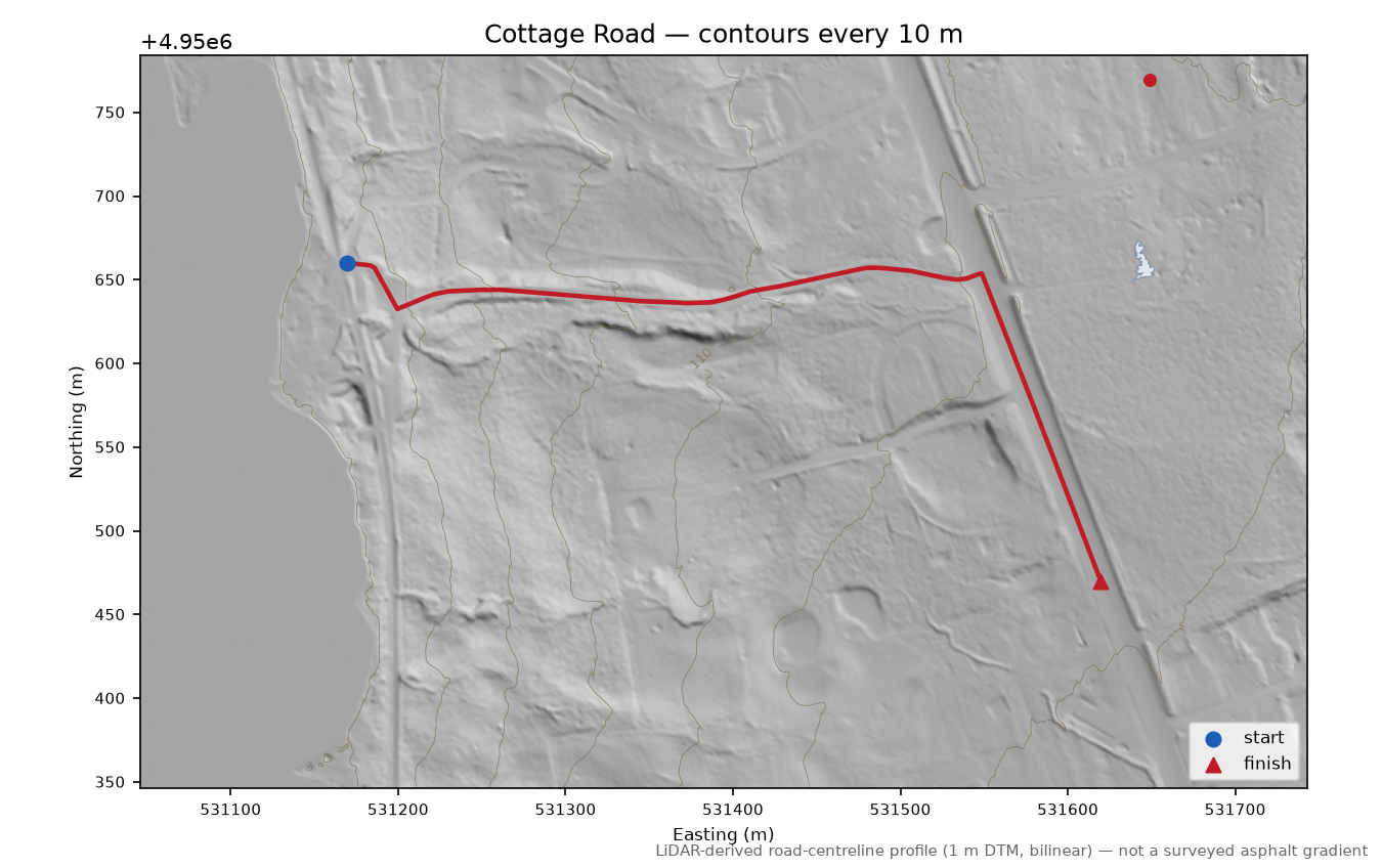 Cottage Road LiDAR hillshade map with contours