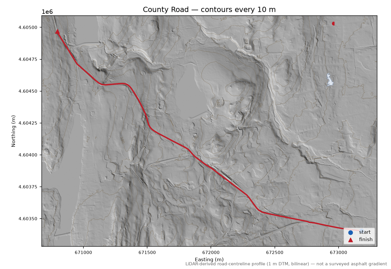 County Road LiDAR hillshade map with contours