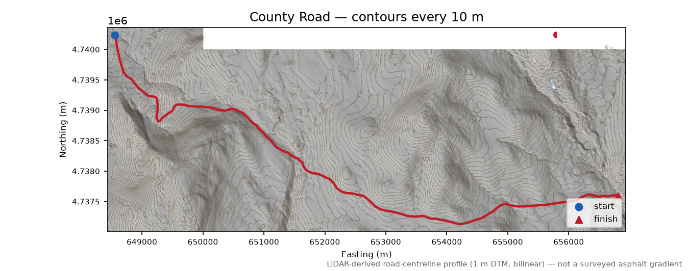 County Road LiDAR hillshade map with contours
