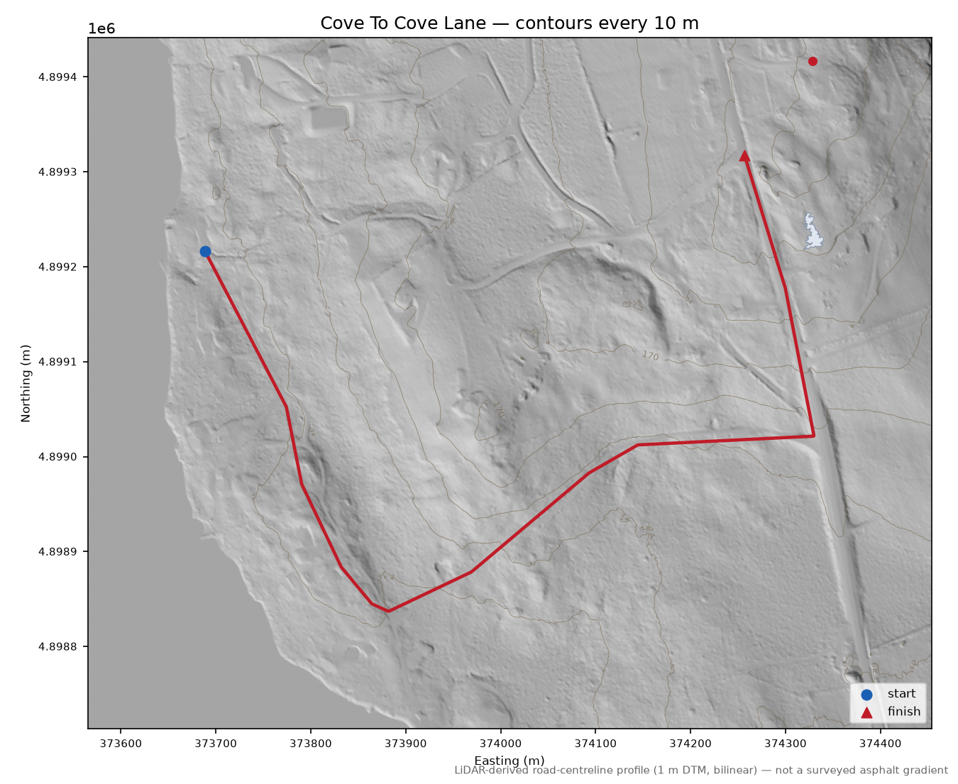 Cove To Cove Lane LiDAR hillshade map with contours