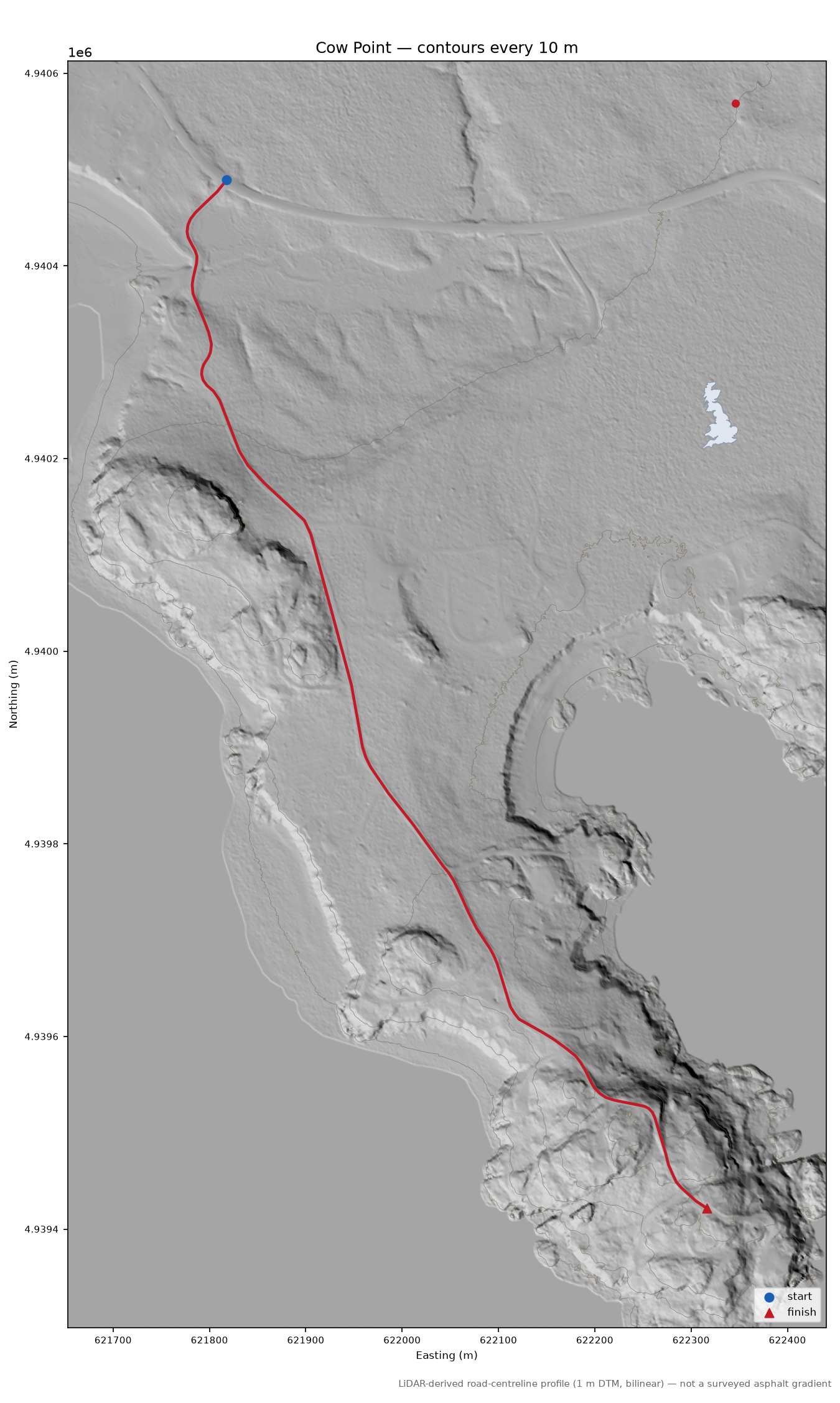 Cow Point LiDAR hillshade map with contours