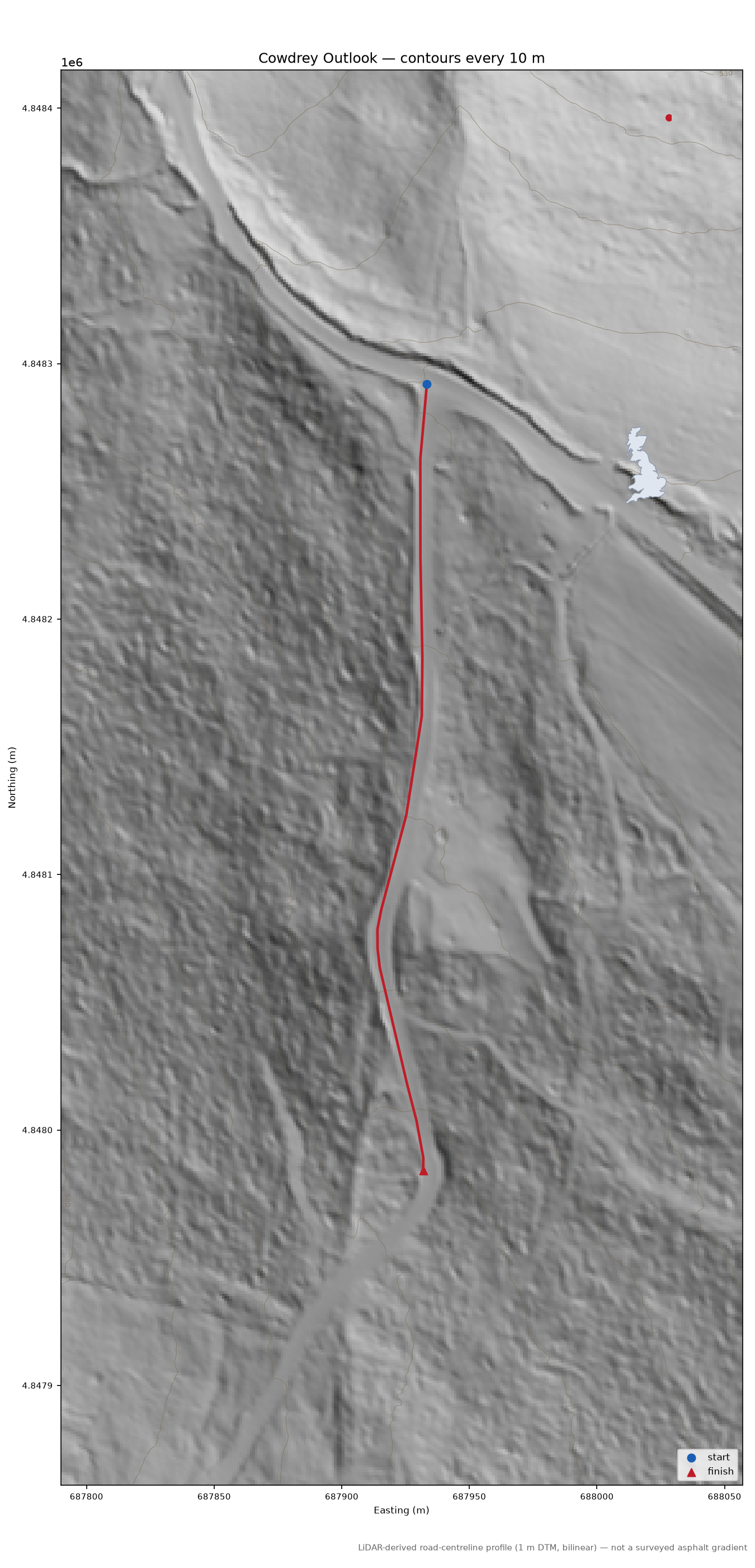 Cowdrey Outlook LiDAR hillshade map with contours