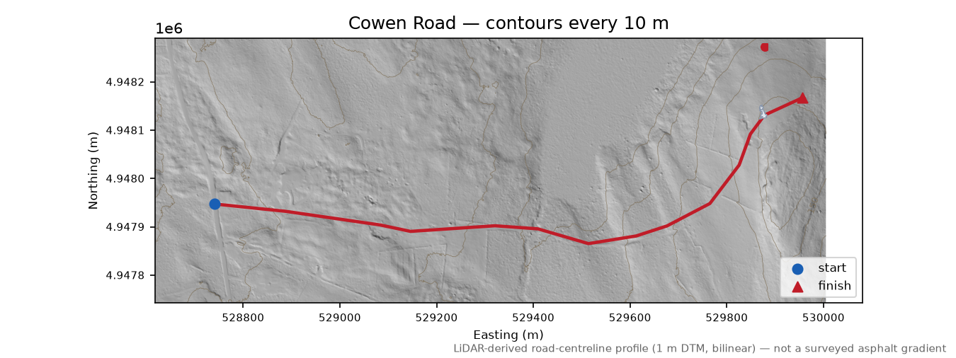 Cowen Road LiDAR hillshade map with contours