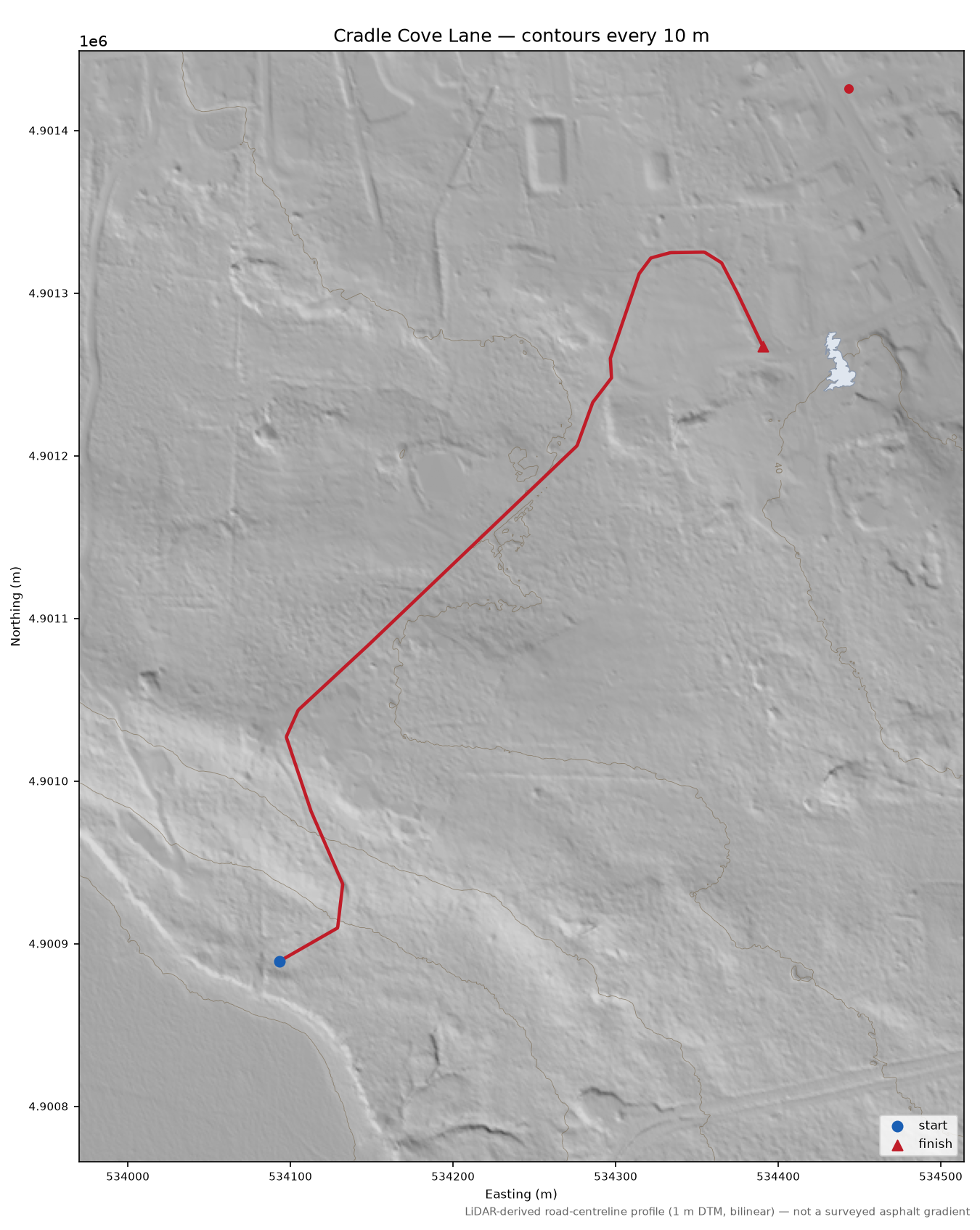 Cradle Cove Lane LiDAR hillshade map with contours